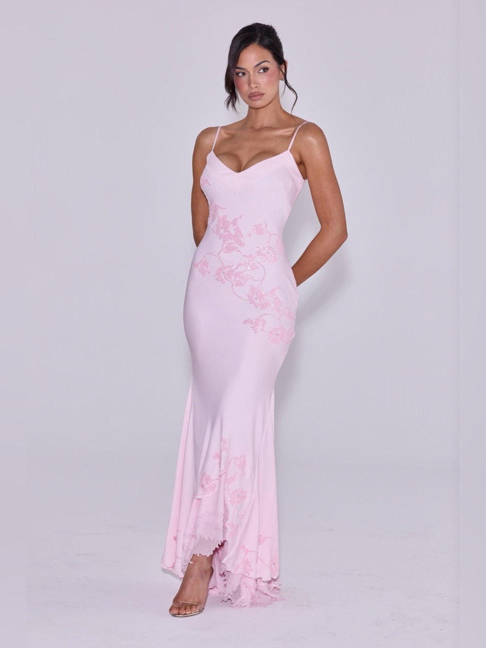 House of CB ANASTELLE Pink Hand Beaded Embellished Satin Maxi Dress NWOT - Picture 7 of 10